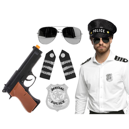Carnaval police set - hat - black - with sunglasses/shoulder pieces/badge/gun - for men/woman