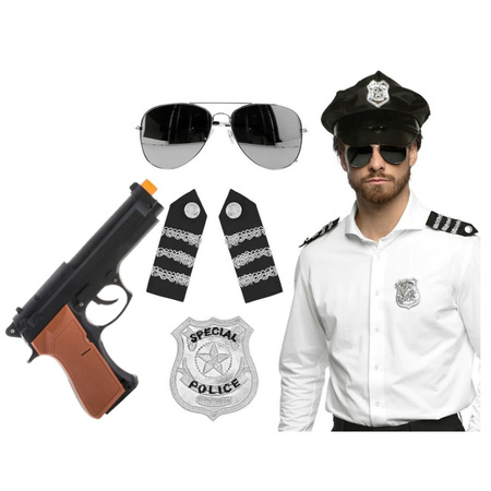 Carnaval police set - hat - black - with sunglasses/shoulder pieces/badge/gun - for men/woman