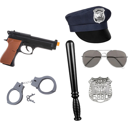 Carnaval verkleed set XL - politie agent - pet/knuppel/badge/pistool/zonnebril/handboeien