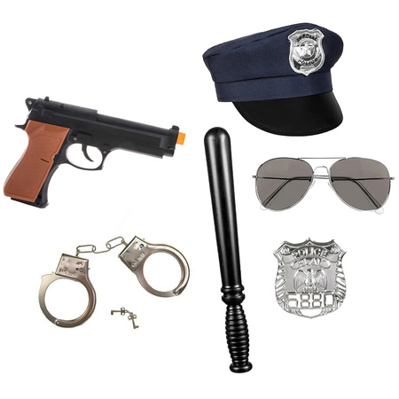 Carnaval verkleed set XL - politie agent - pet/knuppel/badge/pistool/zonnebril/handboeien