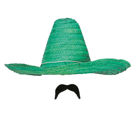 Carnaval verkleed setje - Mexicaanse sombrero hoed met plak nepsnor - groen - heren