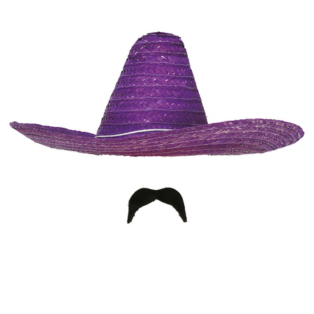 Carnaval verkleed setje - Mexicaanse sombrero hoed met plak nepsnor - paars - heren