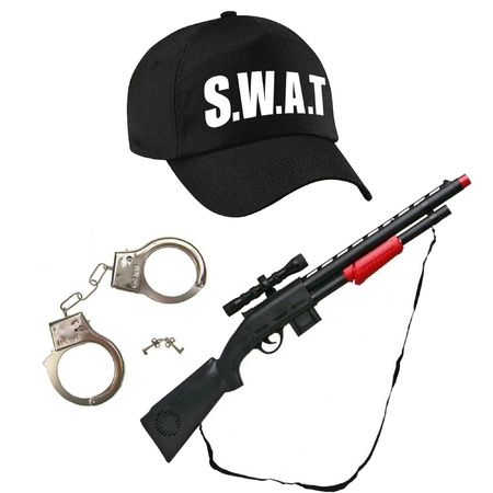Carnaval verkleed speelgoed politie/SWAT pet zwart voor kinderen met accessoires