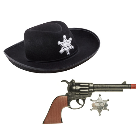 Cowboys speelgoed/verkleed hoed zwart met revolver set kinderen 3-delig