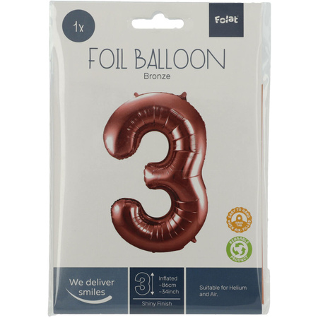 Foil balloon number 3 in bronze 86 cm