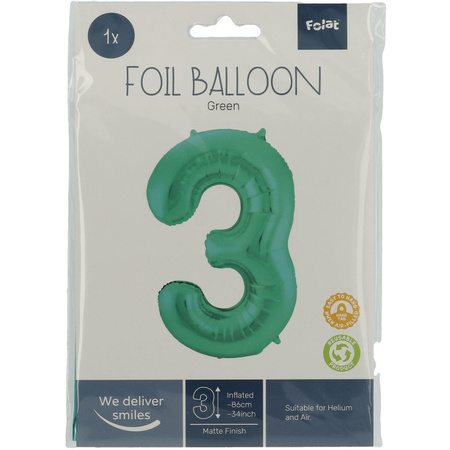 Foil balloon number 3 in green 86 cm