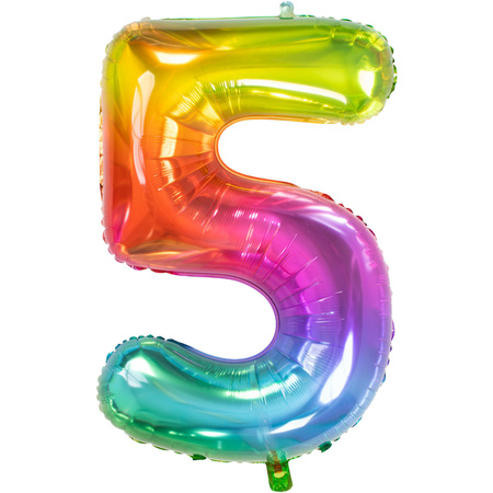Grote folie ballonnen cijfer 65 in het glimmend multi-kleuren 86 cm en 2x feestslingers