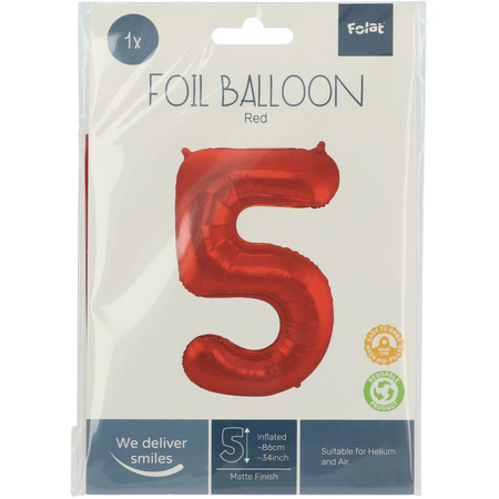 Folie ballon van cijfer 5 in het rood 86 cm