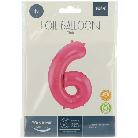 Folie ballon van cijfer 6 in het roze 86 cm