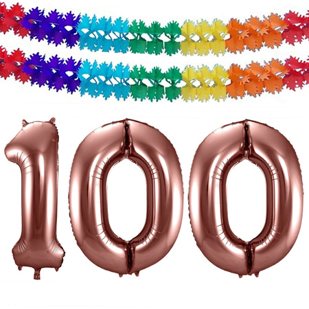 Grote folie ballonnen cijfer 100 in het brons 86 cm en 2 feestslingers