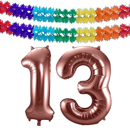 Grote folie ballonnen cijfer 13 in het brons 86 cm en 2 feestslingers