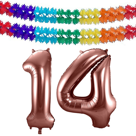 Grote folie ballonnen cijfer 14 in het brons 86 cm en 2 feestslingers