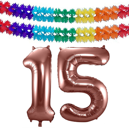 Grote folie ballonnen cijfer 15 in het brons 86 cm en 2 feestslingers