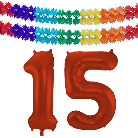 Grote folie ballonnen cijfer 15 in het rood 86 cm en 2 feestslingers