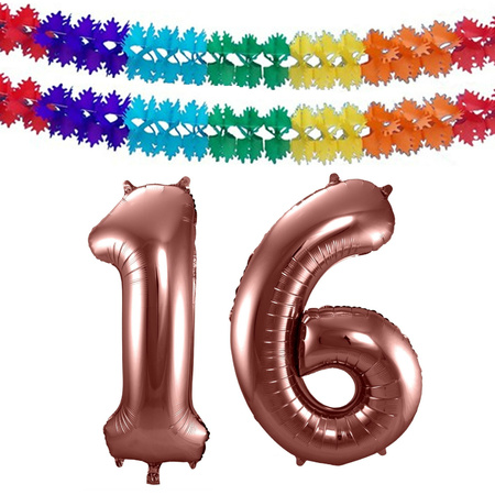 Grote folie ballonnen cijfer 16 in het brons 86 cm en 2 feestslingers