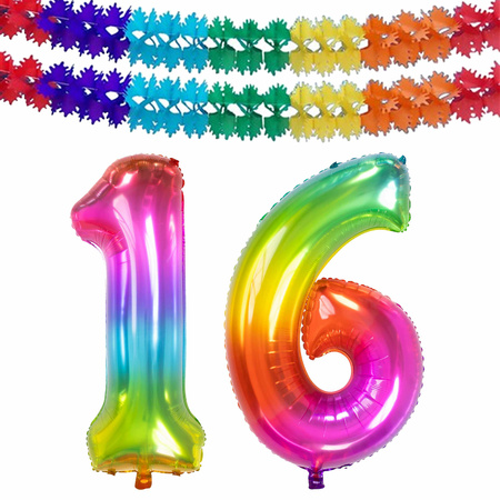 Grote folie ballonnen cijfer 16 in het glimmend multi-kleuren 86 cm en 2x feestslingers