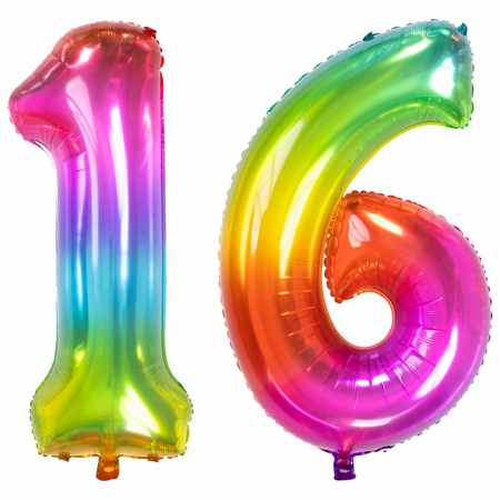 Grote folie ballonnen cijfer 16 in het glimmend multi-kleuren 86 cm