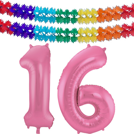 Grote folie ballonnen cijfer 16 in het glimmend roze 86 cm en 2x feestslingers