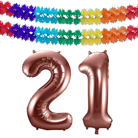 Grote folie ballonnen cijfer 21 in het brons 86 cm en 2 feestslingers