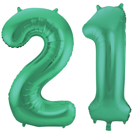 Grote folie ballonnen cijfer 21 in het glimmend groen 86 cm