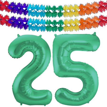 Grote folie ballonnen cijfer 25 in het glimmend groen 86 cm en 2x feestslingers