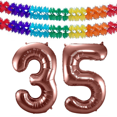 Grote folie ballonnen cijfer 35 in het brons 86 cm en 2 feestslingers