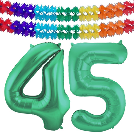 Grote folie ballonnen cijfer 45 in het glimmend groen 86 cm en 2x feestslingers