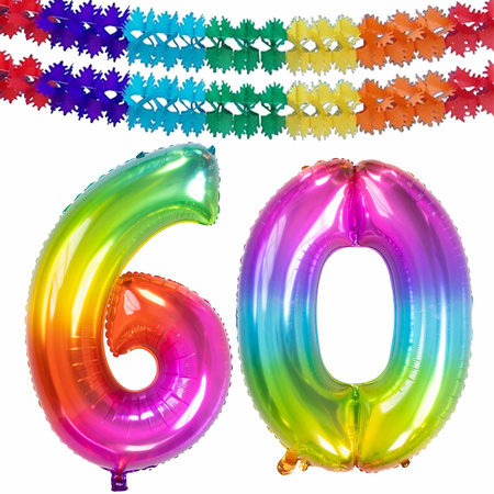 Grote folie ballonnen cijfer 60 in het glimmend multi-kleuren 86 cm en 2x feestslingers