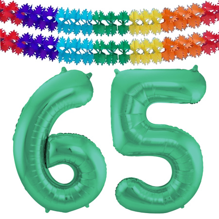 Grote folie ballonnen cijfer 65 in het glimmend groen 86 cm en 2x feestslingers