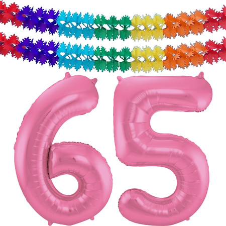 Grote folie ballonnen cijfer 65 in het glimmend roze 86 cm en 2x feestslingers