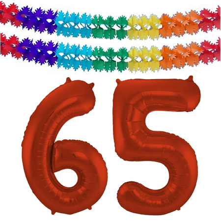 Grote folie ballonnen cijfer 65 in het rood 86 cm en 2x feestslingers