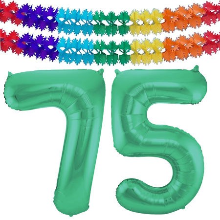 Grote folie ballonnen cijfer 75 in het glimmend groen 86 cm en 2x feestslingers