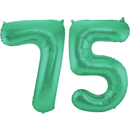 Grote folie ballonnen cijfer 75 in het glimmend groen 86 cm