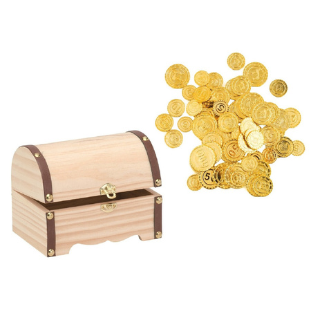 Wooden pirates treasurebox 15 x 10 cm with 100x plastic gold money coins