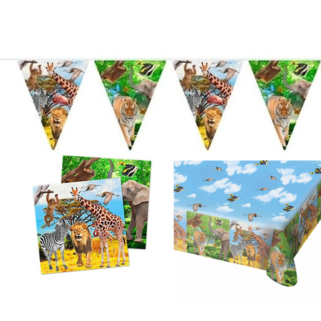 Kinderverjaardag/kinderfeestje tafeldek set tafelkleed/servetten/vlaggetjes jungle thema