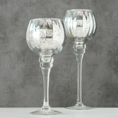 Luxe glazen design kaarsenhouders/windlichten set van 2x stuks metallic zilver 25-30 cm
