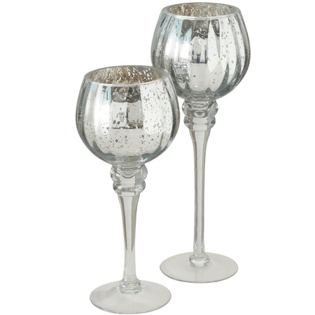 Glass design candles holders/windlights set of 2x metallic silver 25-30 cm