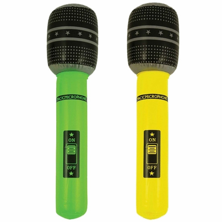 Opblaasbare speelgoed/feestartikel microfoons 2x stuks neon geel/groen 40 cm