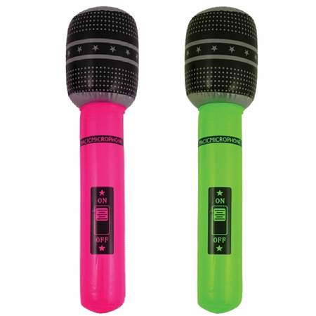 Opblaasbare speelgoed/feestartikel microfoons 2x stuks neon groen/roze 40 cm