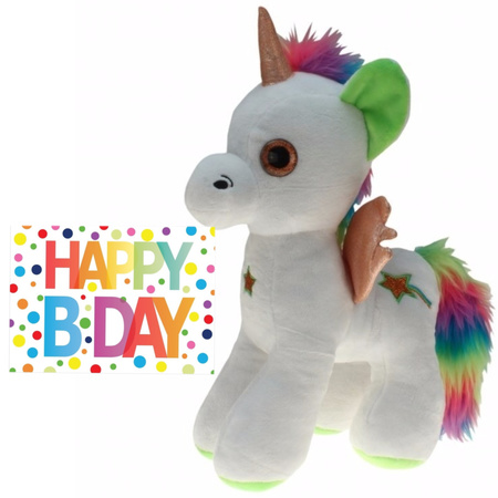 Plush soft toy unicorn white 35 cm with A5 Happy Birthday postcard