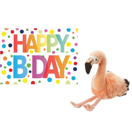 Pluche knuffel flamingo 18 cm met A5-size Happy Birthday wenskaart