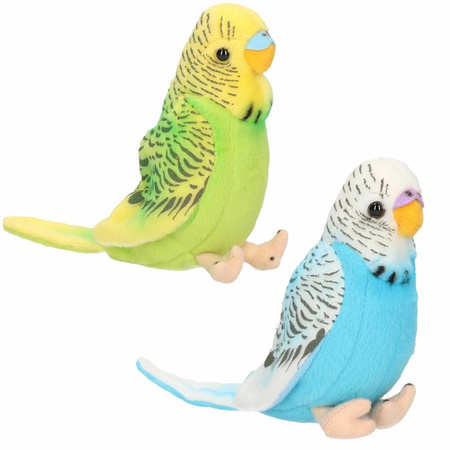 Pluche knuffel parkieten setje vogels blauw en groen 11 cm