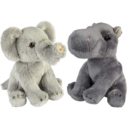 Safari animals serie soft toys 2x - Elephant and Nijlpaard 15 cm