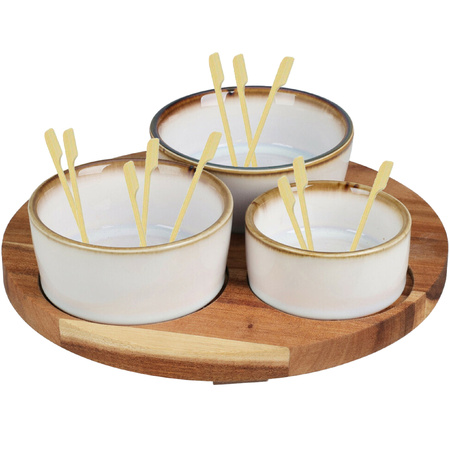 Serving board acacia wood D20 cm with 3x luxury ceramic dishes incl. 50x cocktail sticks