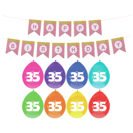 Birthday 35 years decorations - 16x theme balloons - 1x happy birthday guirlande 300 cm